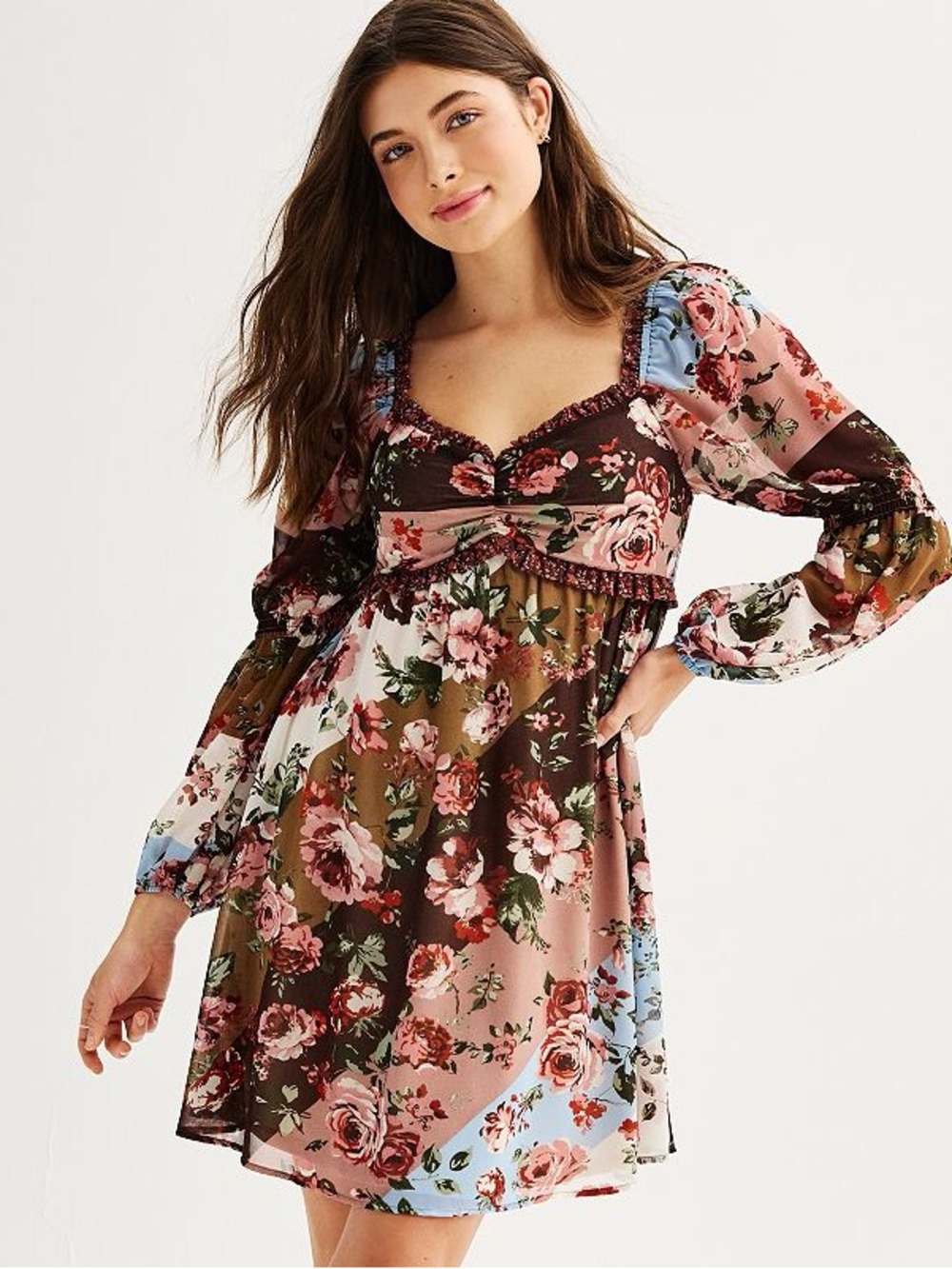 SO Floral Babydoll Mini Dress Smocked Patchwork Mixed Print Boho Size Small